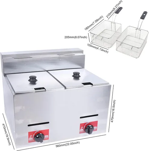 Vista 4 de Freidora comercial, 2 sartenes 403 de acero inoxidable para encimera, freidora de gas, calentador de alimentos, buffet, temperatura ajustable con 2