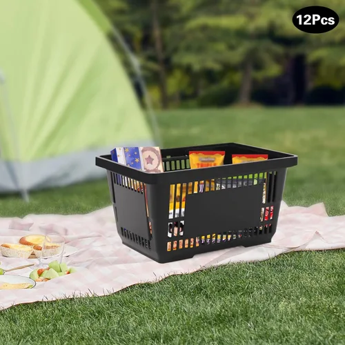 Vista 4 de Cesta de la compra con asas, cesta de comestibles portátil de 21 litros para supermercado, 12 unidades, cesta de la compra negra para librería