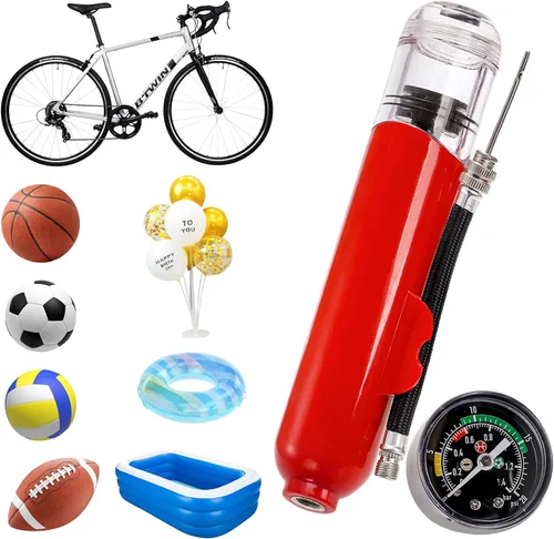 Vista 3 de Lawei Bomba de bola con manómetro, pelota deportiva de doble acción bomba compacta con agujas y boquillas, bombas de mano de aire portátiles