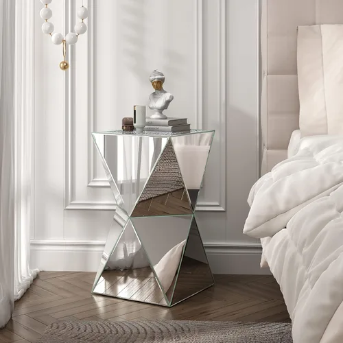 Vista 8 de ENENE Mesa auxiliar decorativa de cristal para sala de estar, espacios pequeños, mesa auxiliar moderna con pedestal para dormitorio, oficina