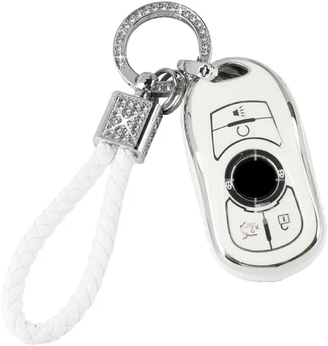 Vista 22 de PIFOOG Funda para llavero de TPU con cadena de llaves brillante, fundas de protección de botones para llaves de entrada sin llave, blanco plateado