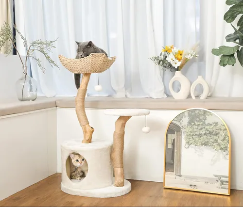 Vista 2 de Árbol moderno para gatos pequeños de interior, torre para gatos de madera real con poste para rascar, recinto oculto, único, bohemio, blanco