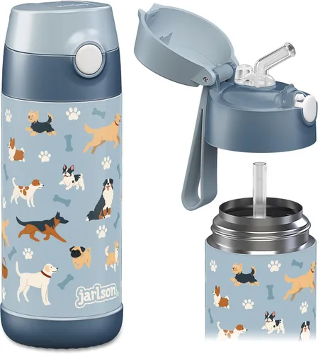 Vista 32 de Jarlson® CHARLI - Botella de agua para niños [12 onzas], botella térmica de acero inoxidable con pajilla, botella de agua aislada a prueba