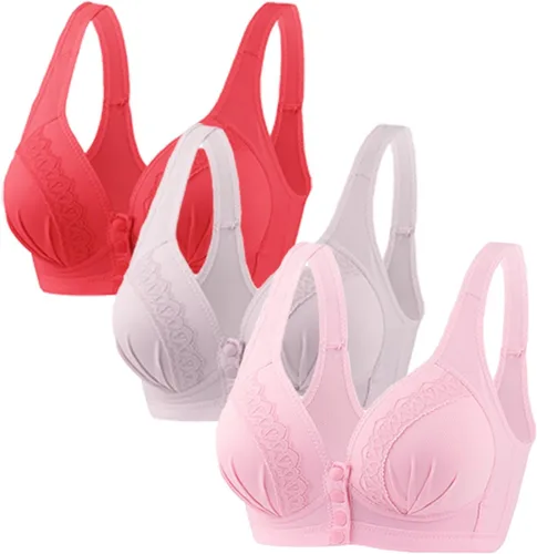 Vista 2 de Glamorette Snap Front Bra Older Women,Snap Front Bra, Sexy Lace Embroidered Bras,Pull-On Front Closure Button Bras 3 unidades de color negro.
