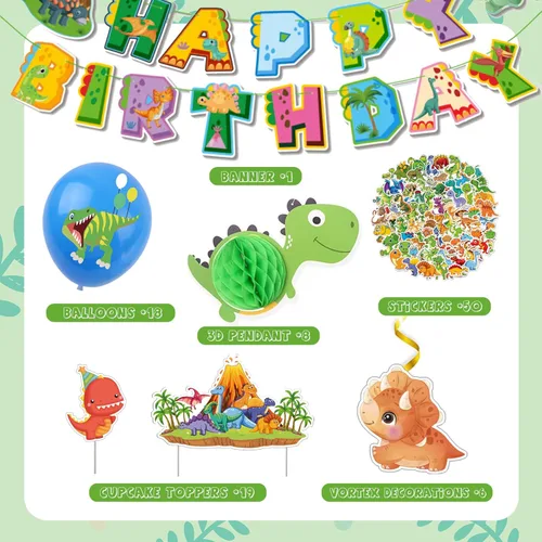 Vista 2 de Decoraciones de dinosaurios para fiesta de cumpleaños, 102 unidades, incluye globos, calcomanías, vórtice, pancarta, decoración de cupcakes