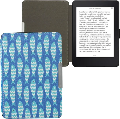 Vista 8 de kwmobile Funda compatible con Yaxa Kindle PaperWhite - Funda para lector electrónico - Azul pez pequeño/azul claro/blanco