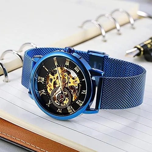 Vista 3 de Dentily Reloj de esqueleto para hombre clásico con número romano Steampunk Reloj mecánico Relojes de viento para hombre (azul)