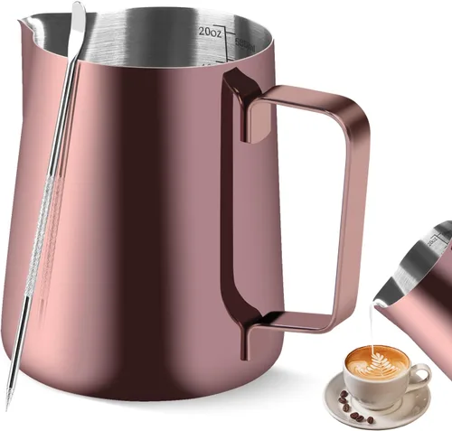 Vista 15 de Jarra para Espumar Leche, 12OZ/350ML Jarra de Vapor de Acero Inoxidable para Espresso Taza Espumadora de Leche para Café con Bolígrafo de Arte