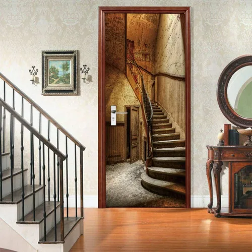 Vista 156 de 3D Pegatina de pared adhesiva para puerta - Poster de película de escaleras antiguas Premium PVC impermeable para pared de dormitorio y sala