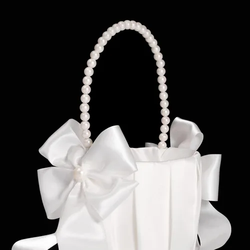Vista 2 de Cestas de niña de flores para boda, cesta de flores marfil con mango de perlas, juego de 2 cestas de boda para niñas de flores