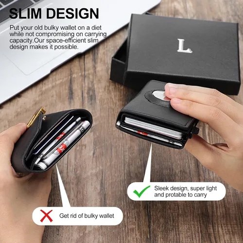 Vista 2 de LAKIPETN AirTag - Cartera delgada de cuero para hombre, con tarjeta de crédito, tarjetas emergentes, carteras, protección de bloqueo RFID compatible