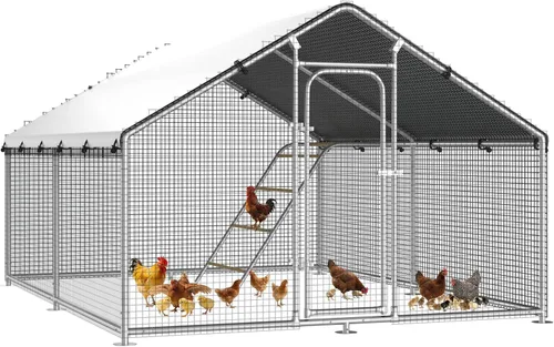 Gallinero de metal grande con perca de gallo, jaula para aves de corral al aire libre con malla de alambre resistente y cubierta resistente a los