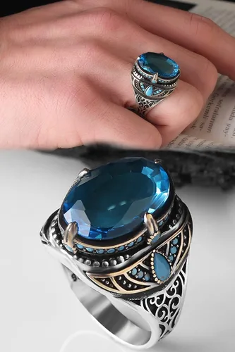 Vista 2 de BayVog 925 Sterling Silver Blue Topaz Gemstone Men's Silver Ring, Handmade Engraved Man Silver Ring gifts for men handmade rings valentines day