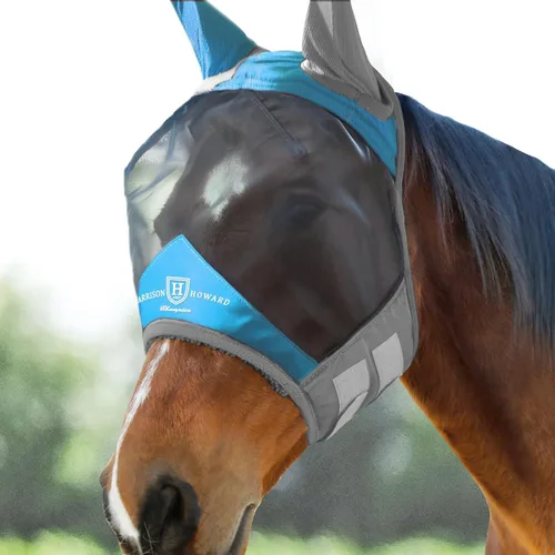 Vista 9 de Harrison Howard Máscara luminosa profesional para mosca de caballo, gran espacio para los ojos, media cara con orejas, protección UV, para caballo