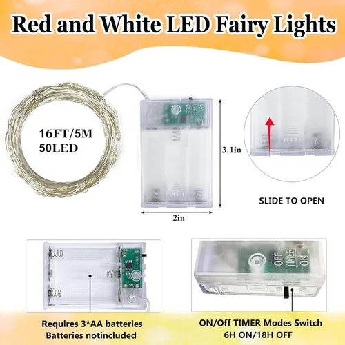 Vista 111 de Paquete de 2 guirnaldas de luces LED, funcionan con pilas, 5 m, 50 luces intermitentes, temporizador, impermeables, para habitaciones, bodas