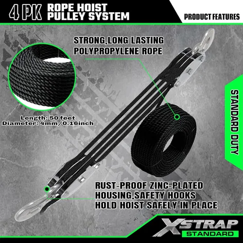Vista 5 de XSTRAP STANDARD Polipasto de cuerda resistente con resistencia a la rotura de 2,000 LB, 50 pies de cuerda, estructura con rodamientos de ruedas