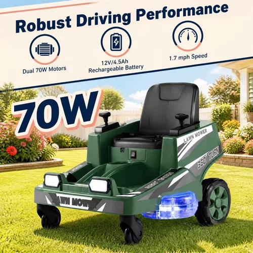 Vista 4 de GLACER Cortacésped de giro cero para niños de 12 V, coche eléctrico con Verde