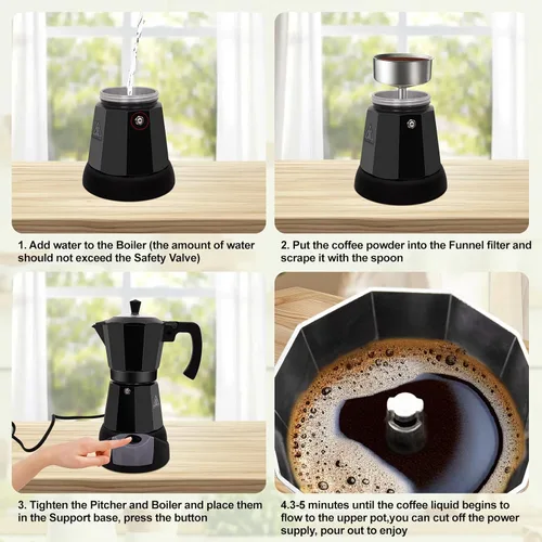 Vista 5 de Olla eléctrica de aluminio para moka de 5 a 6 tazas, 9.1 fl oz, con base desmontable, ideal para el hogar, cafetera italiana y cubana, cafetera Negro