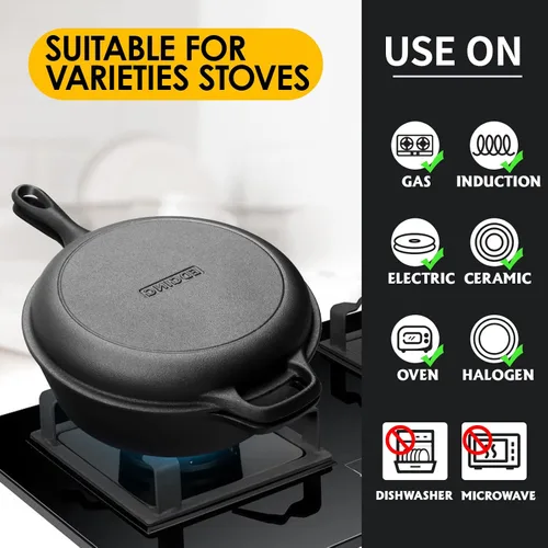 Vista 6 de EDGING CASTING Olla de hierro fundido pre-curada de 2 en 1 con tapa de sartén, juego de olla holandesa de 10" y olla de 3 cuartos de galón