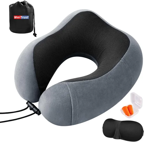 Vista 8 de Almohada de avión, almohada de cuello de viaje con espuma viscoelástica, hebilla ajustable y funda lavable a máquina para soporte de cuello