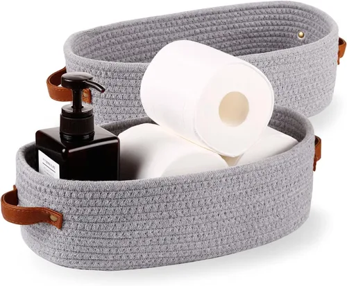 Vista 22 de Cesta pequeña tejida de cuerda de algodón para papel higiénico, cestas para organizar, cesta decorativa para decoración boho, pequeña cesta de Blanco