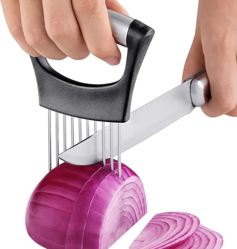ESINAM Soporte para cortar verduras de alta calidad, herramienta auxiliar afilada de acero inoxidable para papa, tomate, fruta, limón y carne