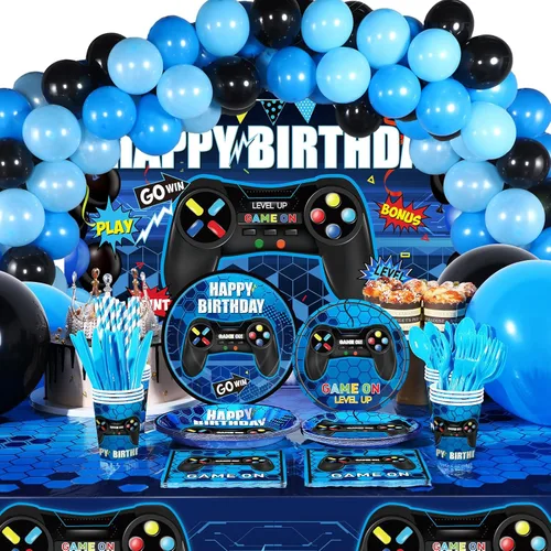 Tatuo 152 piezas de suministros para fiesta de cumpleaños de videojuegos, cubierta de mesa para fiesta de jugadores, telón de fondo de feliz