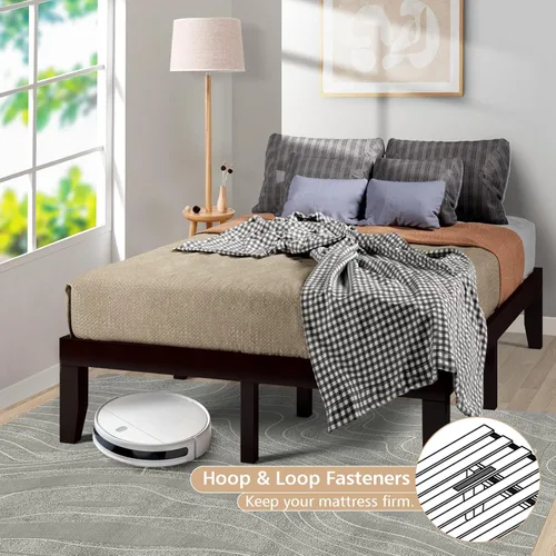 Vista 38 de COSTWAY Marco de cama de plataforma tamaño King, base de colchón de madera de goma maciza de 14 pulgadas con soporte de listones resistentes, marco