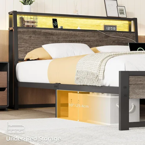 Vista 7 de Marcos de Cama Individuales, Marco de Cama de Tamaño Individual con Estación de Carga LED y Almacenamiento con Cabecero Luminoso, Marco de Cama