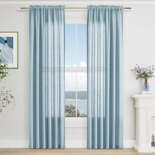 Vista 32 de Guken Cortinas de lino verde aguamarina de 84 pulgadas de largo, juego de 2 paneles semitransparentes con bolsillo para barra para comedor