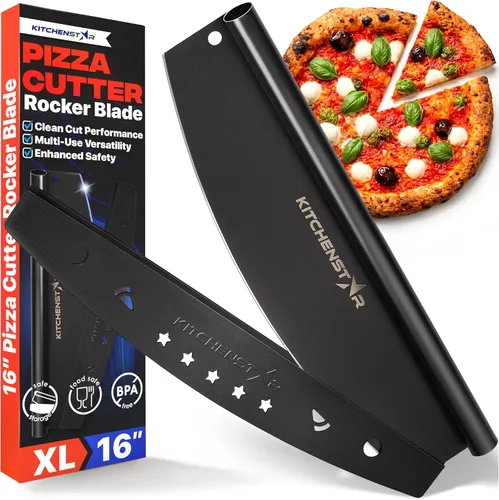 Vista 11 de KitchenStar Cortador de Pizza con Cuchilla Basculante de 14 Pulgadas - Cuchillo Rebanador Afilado de Acero Inoxidable, Cubierta Protectora, Apto