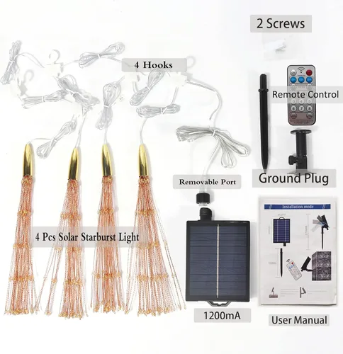 Vista 6 de Paquete de 4 800 luces LED solares de esfera con forma de explosión de estrellas, luces de fuegos artificiales, temporizador de control remoto, 8