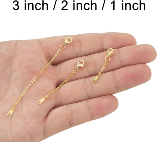 Vista 9 de Extensores de cadena dorada para collares, extensiones de pulsera de plata de ley, extensor de collar dorado para mujer, juego de 3 piezas, 1, 2, 3