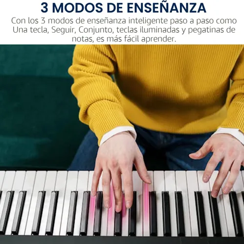 Vista 4 de Teclado de piano electrónico portátil de 61 teclas con teclas iluminadas de tamaño completo, LCD, auriculares, soporte en X, taburete, atril