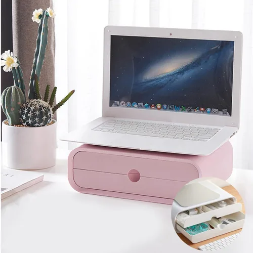 Vista 2 de BESPORTBLE Pink Computer Monitor Riser with Full Drawer Desktop Organizer Stand for Office and Home Abs Elevated Shelf for Stationery and Cosmetics