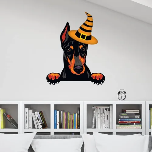 Vista 4 de Guangpat Calcomanías de Halloween con diseño de bruja Doberman, bienvenida, Halloween, decoración de pared de perro Doberman, póster extraíble