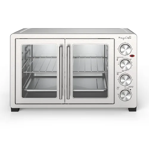 Vista 3 de MegaChef Horno Eléctrico de Convección para Mostrador de 47 Cuartos con Puerta Francesa, Asador Giratorio y Lámpara de Horno