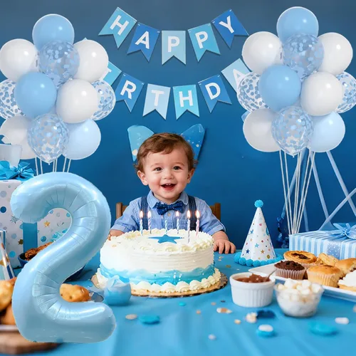 Vista 3 de Decoraciones de Segundo Cumpleaños para Niño - Globos Azules y Blancos de 12 Pulgadas, Globo Azul de 40 Pulgadas con 2 Globos, Bandera de Feliz