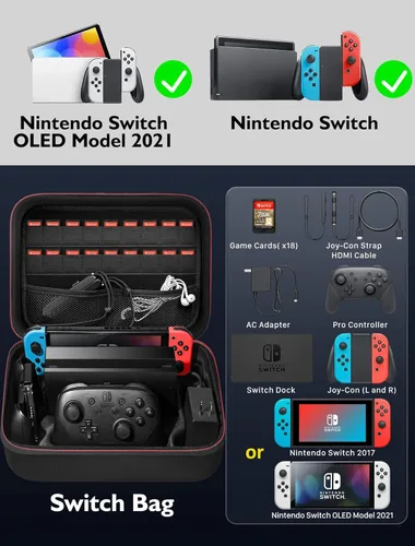 Vista 2 de Switch Case for Nintendo Switch and Switch OLED Model, Portable Full Protection Hard Carrying Storage Travel Bag fits Switch Console Pro Controller