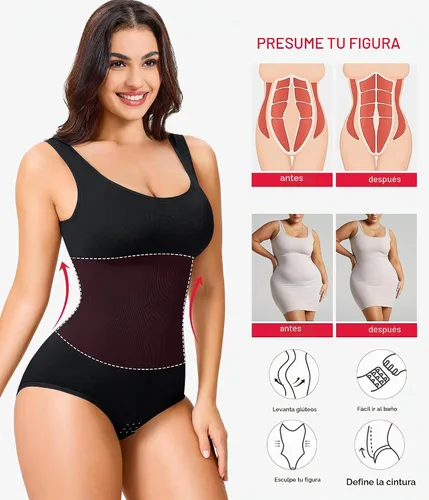 Vista 5 de Nebility Body moldeador de cintura sin costuras con cuello redondo y control de abdomen para mujer Beige