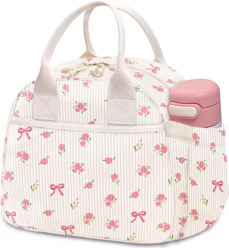 Vista 28 de Carry bloom Lonchera para mujer, lonchera aislada, bonita lonchera de pana reutilizable para el trabajo (1 rayas blancas y negras)