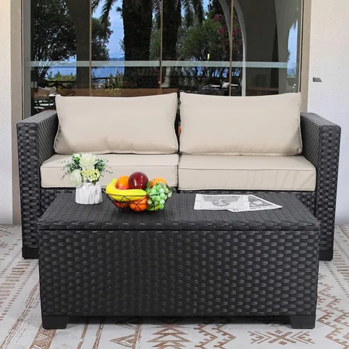 Vista 3 de Rattaner Mesa de centro para patio con almacenamiento de mimbre para exteriores y mesa auxiliar de mimbre para todo tipo de clima con cubierta Negro
