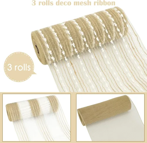 Vista 2 de HUIHUANG 3 rollos de cinta decorativa de malla decorativa de arpillera rústica de 10 pulgadas, rollos de cinta de malla decorativa de malla natural