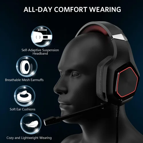 Vista 5 de TEWELL Auriculares para juegos de sonido envolvente 7.1 con efecto de iluminación LED, auriculares estéreo USB con cómodas orejeras ergonómicas