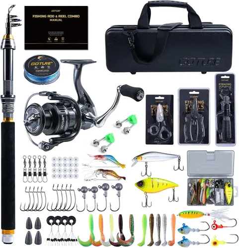Goture Fishing Rod and Reel Combos-Telescopic Fishing Pole Spinning Reel Lures Set with PC Hard Shell Suitcase, Telescopic Rod Reel Combo Kit for