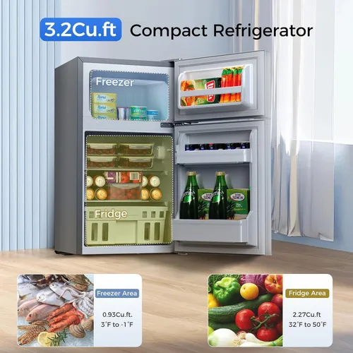 Vista 3 de Kismile - Refrigerador mini con congelador, de 3.2 pies cúbicos, refrigerador mini compacto de 2 puertas dobles, temperatura ajustable