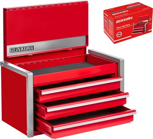 Geinxurn Caja de herramientas roja rodante de 3 cajones, caja de herramientas apilable de acero resistente con cajones con cerradura, gabinete de