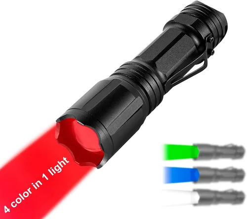 Linterna Roja Ampliable Mejorada, Linterna de 4 Colores en 1, Verde Rojo Azul Blanco LED Multicolor RGBW con Memoria para Visión Nocturna, Pesca,