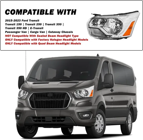 Vista 5 de SOCKIR Conjunto de faros delanteros de carcasa cromada para Ford Transit Van 150 250 350 HD de repuesto para Ford Transit Van 150 250 350 HD, lado