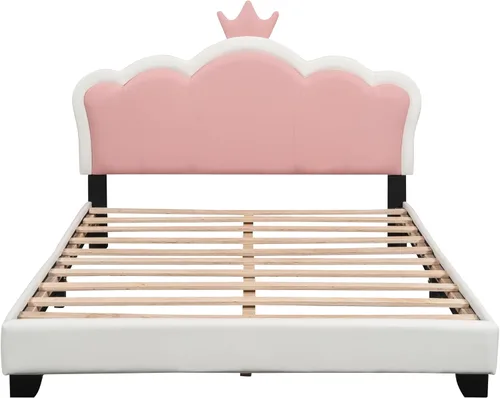 Vista 52 de Elegante cama de princesa tapizada de tamaño individual con cabecera corona, plataforma de piel sintética con soporte resistente de listones